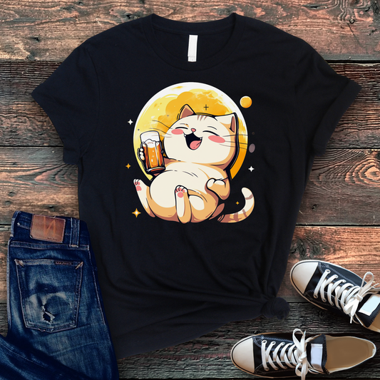 Fat Cat Beer Lover T-Shirt: Enjoying a Brew on the Crescent Moon