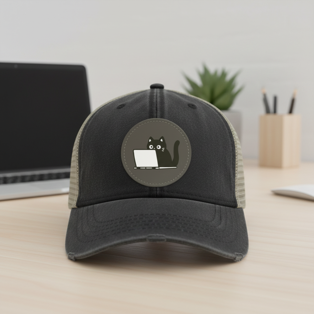 Coding Cat Trucker Hat | Vegan Leather Patch Cap for Cat-Loving Developers