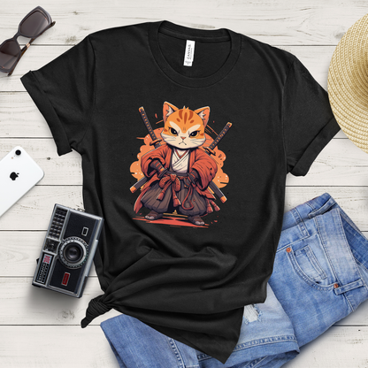 Samurai Cat Unleashed: Fierce Orange Tabby T-Shirt