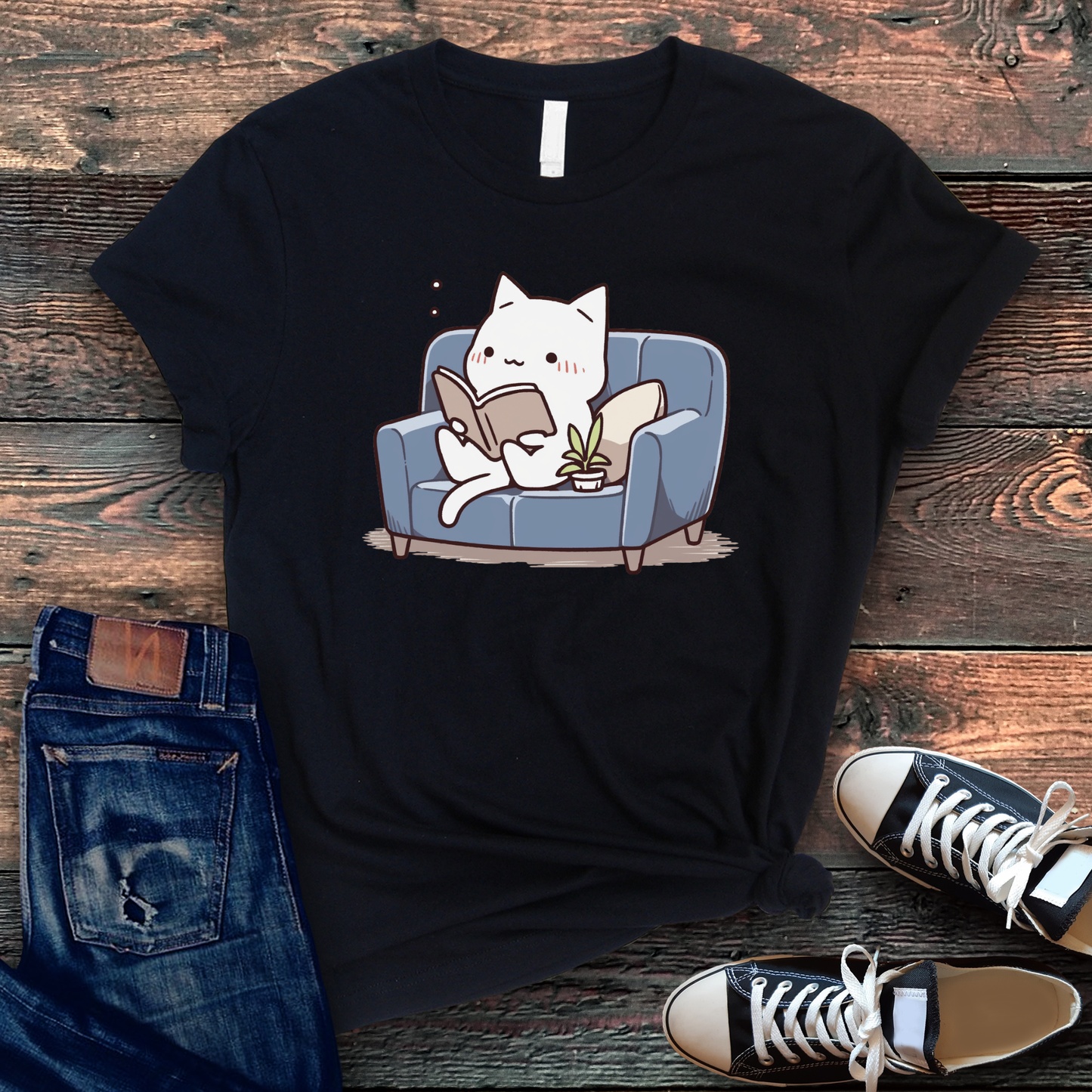 Cozy Cat Lover's Reading T-Shirt