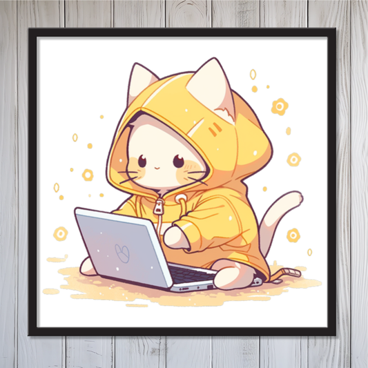 Kawaii Kitty Coder Framed Canvas Wall Art