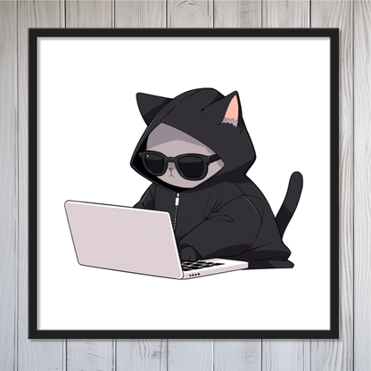 Cool Cat Hacker Framed Canvas Wall Art