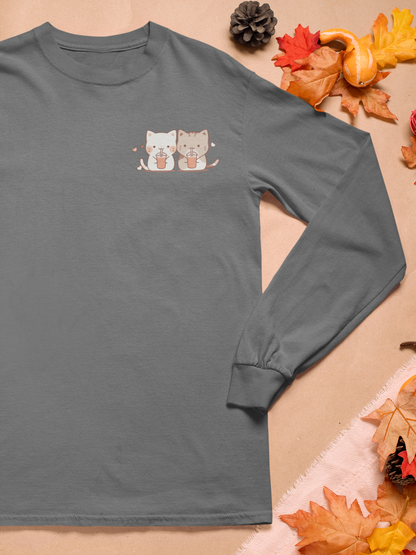 Boba-Loving Cat Couple Long Sleeve Tee