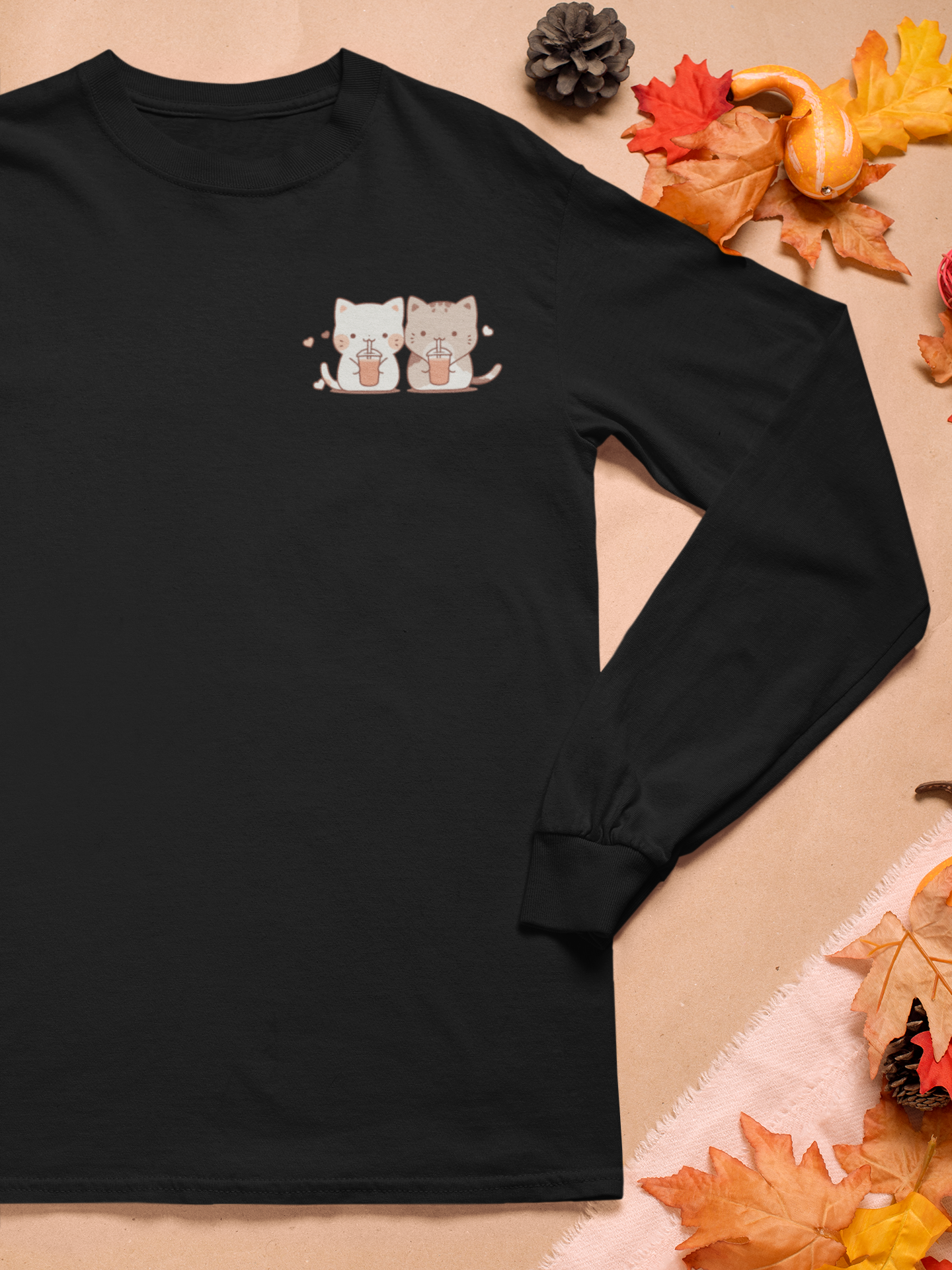 Boba-Loving Cat Couple Long Sleeve Tee