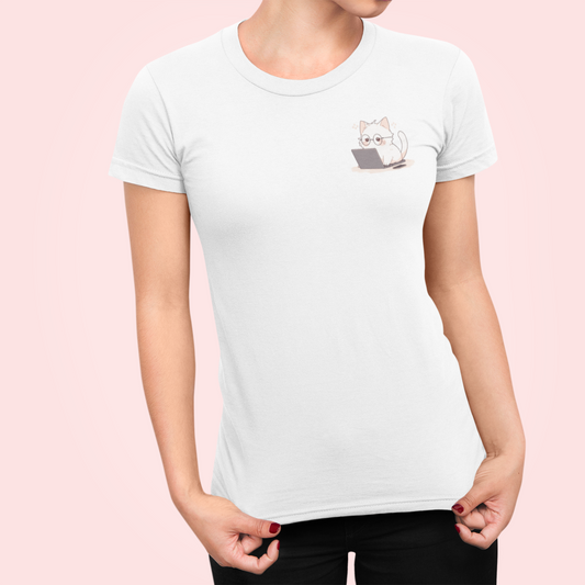 Nerd Neko: Cute Cat Working on Laptop Women's Slim Fit Tee