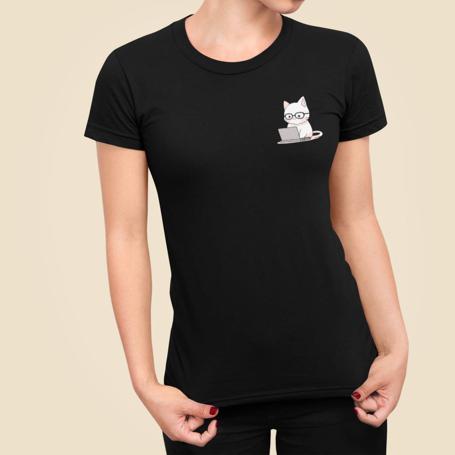 Nerd-Mode Engaged: The Geeky Cat Women's Slim Fit Tee