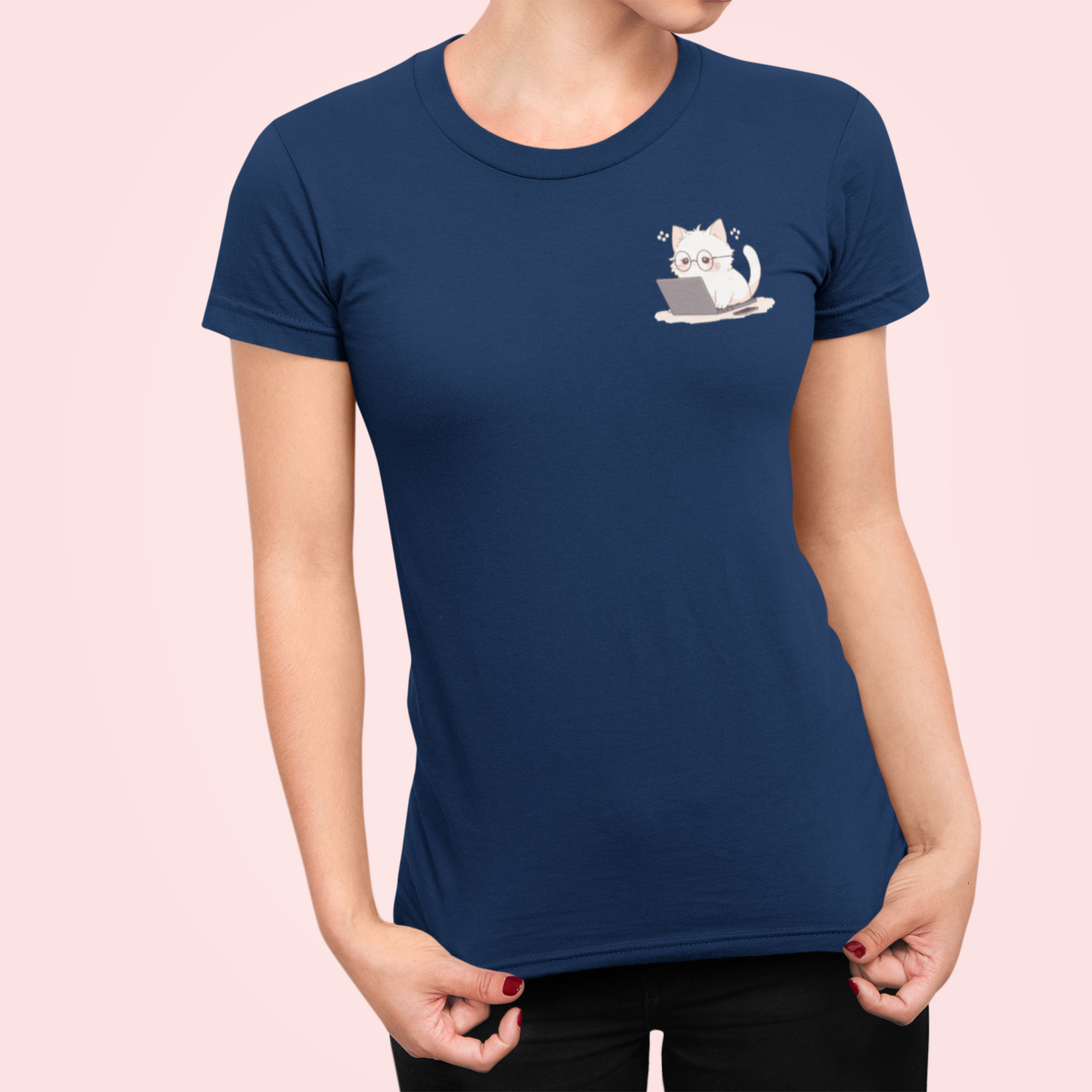 Nerd Neko: Cute Cat Working on Laptop Women's Slim Fit Tee