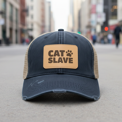 Cat Slave Trucker Hat | Funny Vegan Leather Patch Cap for Cat Lovers