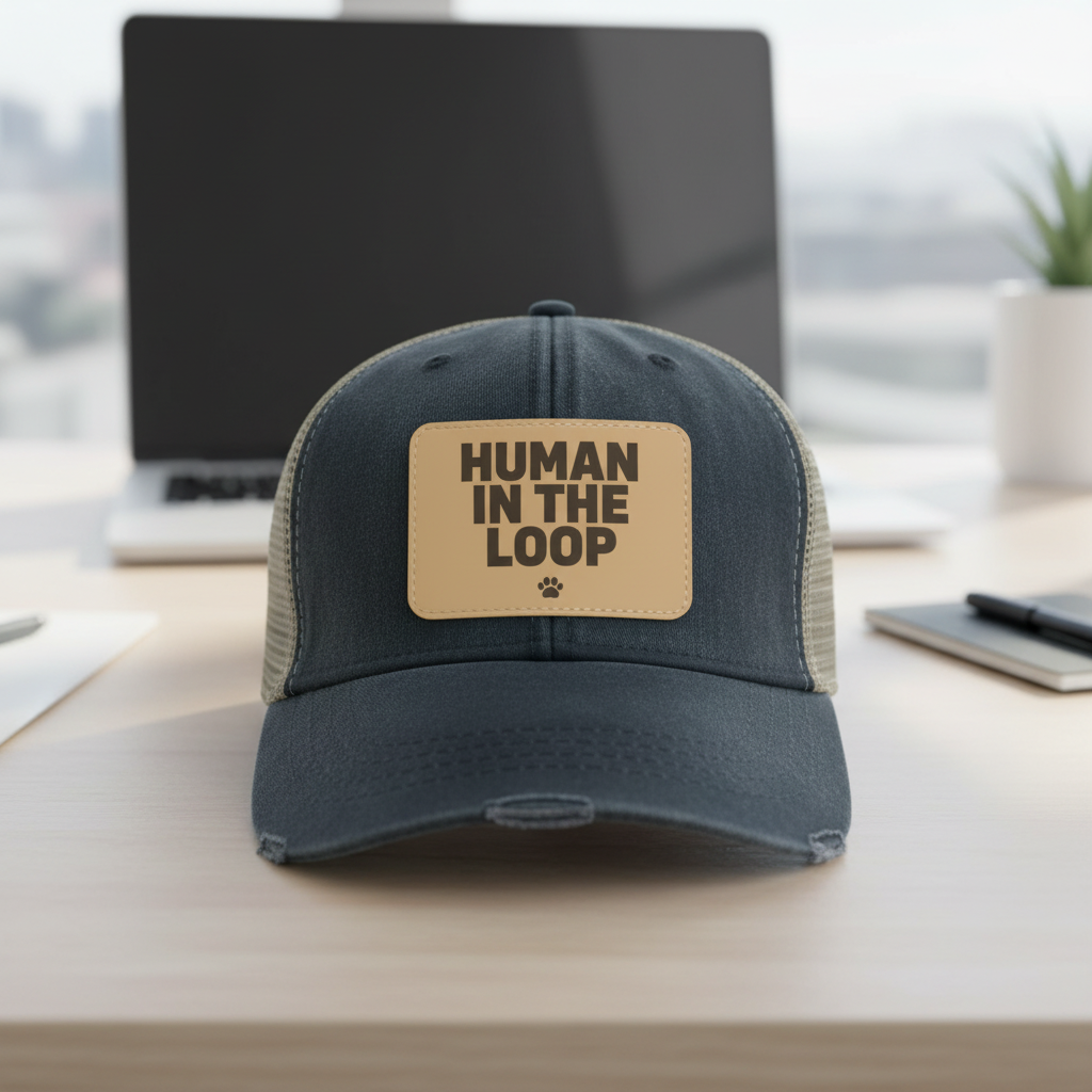 Human In The Loop Trucker Hat | Vegan Leather Patch Cap for AI-Era Developers