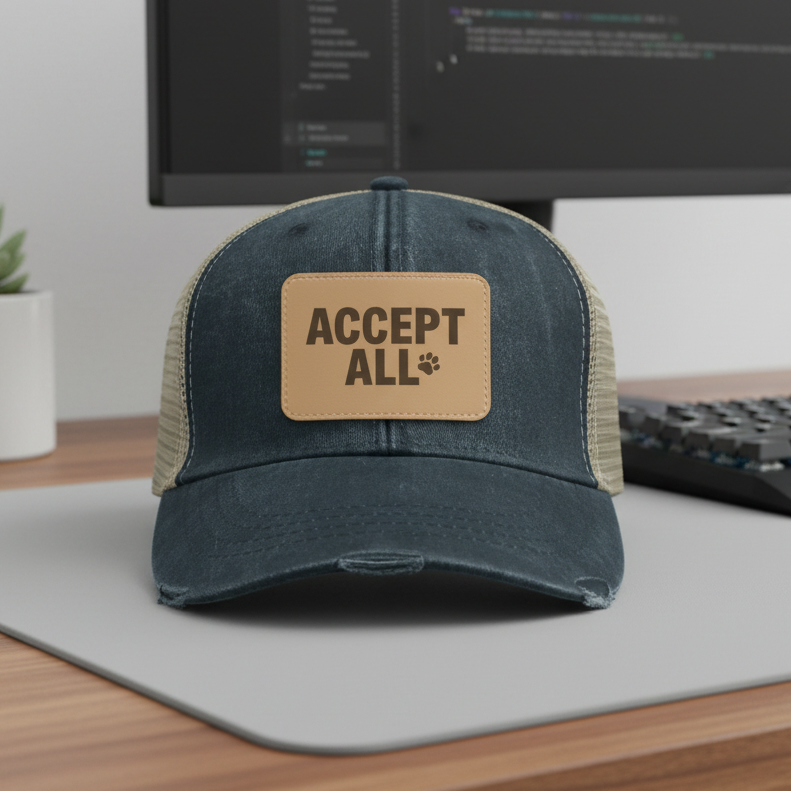 Accept All Trucker Hat | Vegan Leather Patch Cap for AI-Era Developers