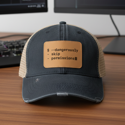 Navy: Skip Permissions monospace leather patch trucker cap in navy for software engineers