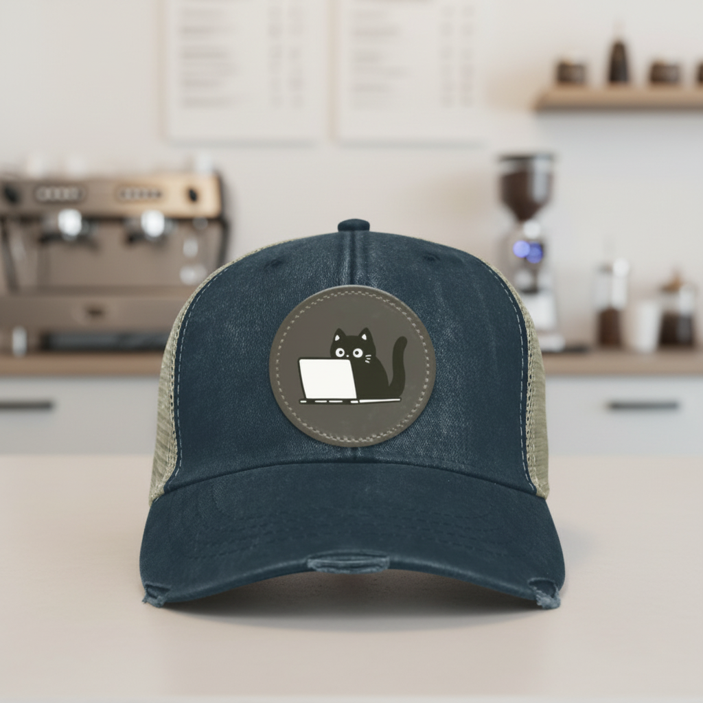 Coding Cat Trucker Hat | Vegan Leather Patch Cap for Cat-Loving Developers