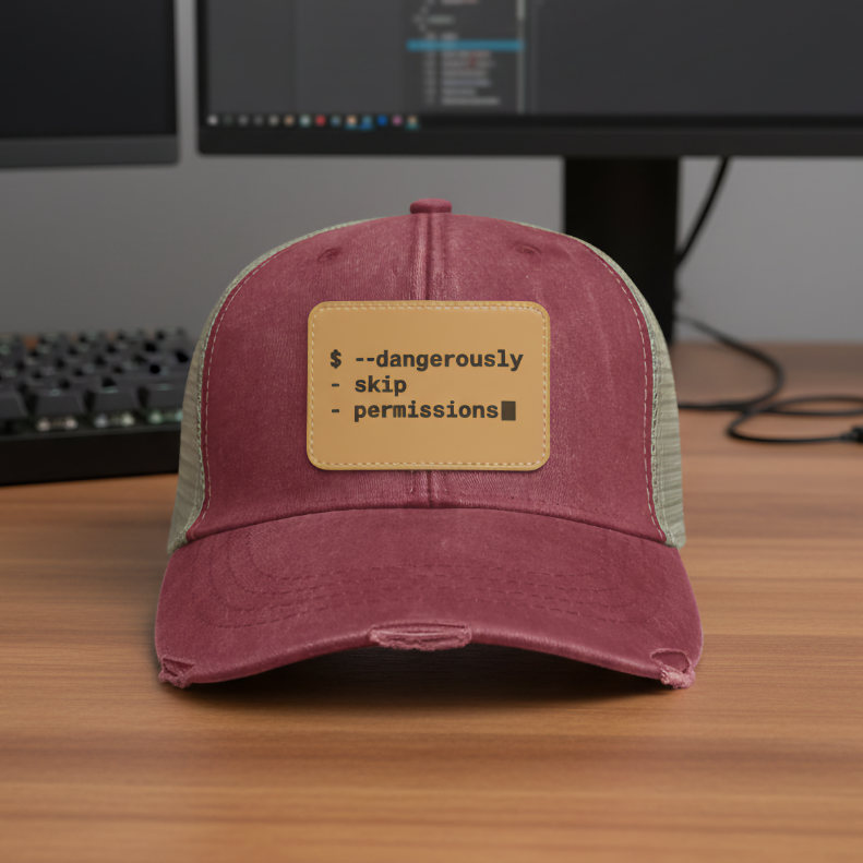 Nautical Red: Dangerously Skip Permissions distressed patch hat in nautical red with terminal command design