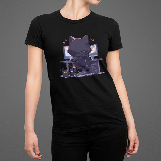 Geek Cat Hacker Women's Slim Fit Tee: Purr-fectly Nerdy & Mysteriously Cool!