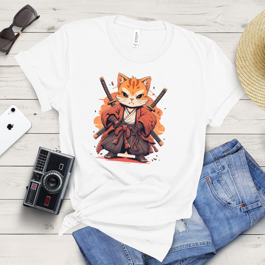 Samurai Cat Unleashed: Fierce Orange Tabby T-Shirt